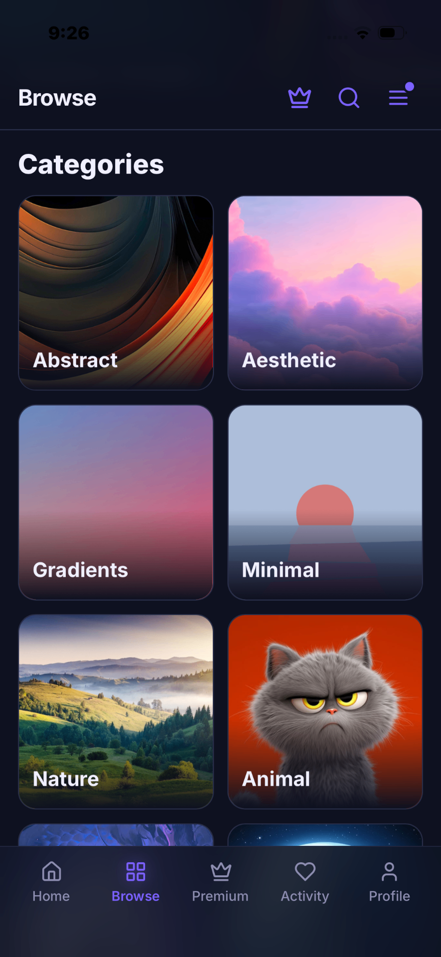 CrestWall Categories screen